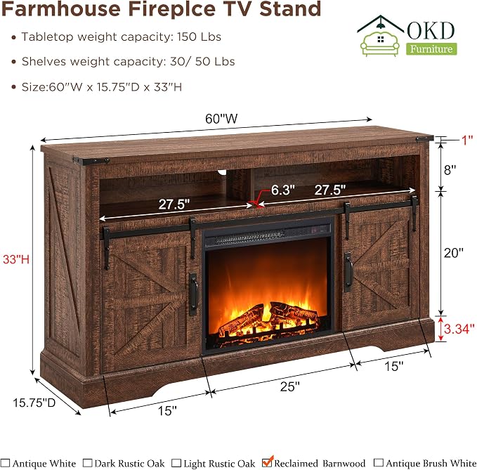 OKD Fireplace TV Stand for 65+ Inch TV, Rustic Media Console w/Sliding Barn - Image 6