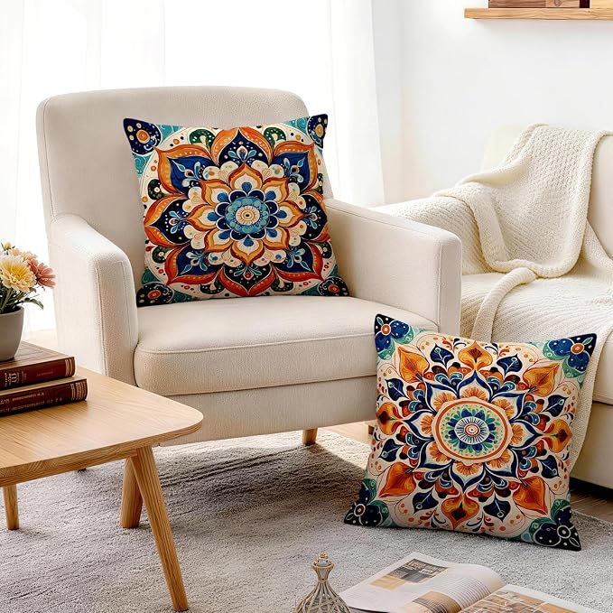 OBSEDE Boho Mandala Throw Pillow Covers Set of 4, 18x18 Inch Blue and Orange - Image 7