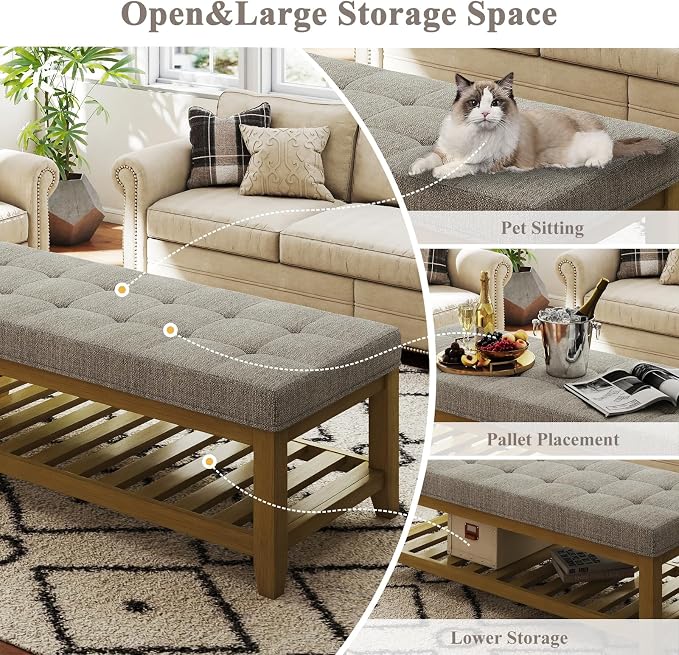 Befurtori Large Rectangular Upholstered Ottoman Bench, Linen Tufted Footrest - Image 5