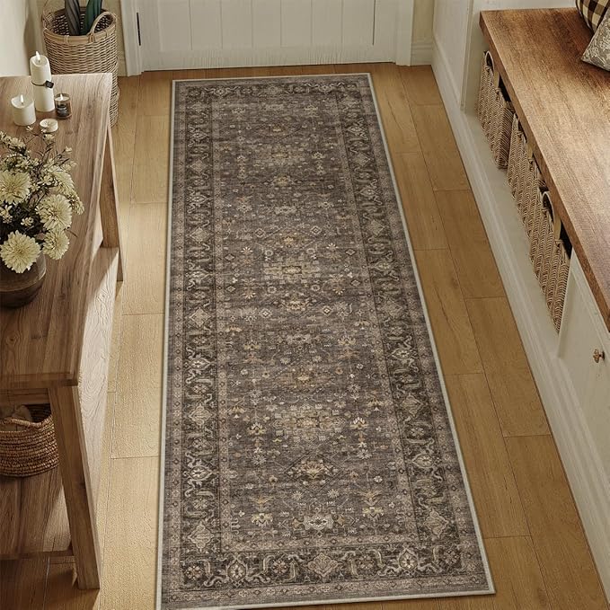 2'6x10 Washable Runner Rug for Hallway Kitchen Vintage Brown Non Slip Low Pile - Image 3