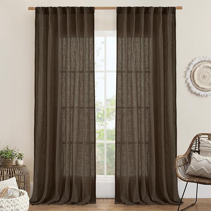 LAMIT Dark Brown Sheer Linen Curtains, 102 inch Light Filtering Semi Sheer by LAMIT