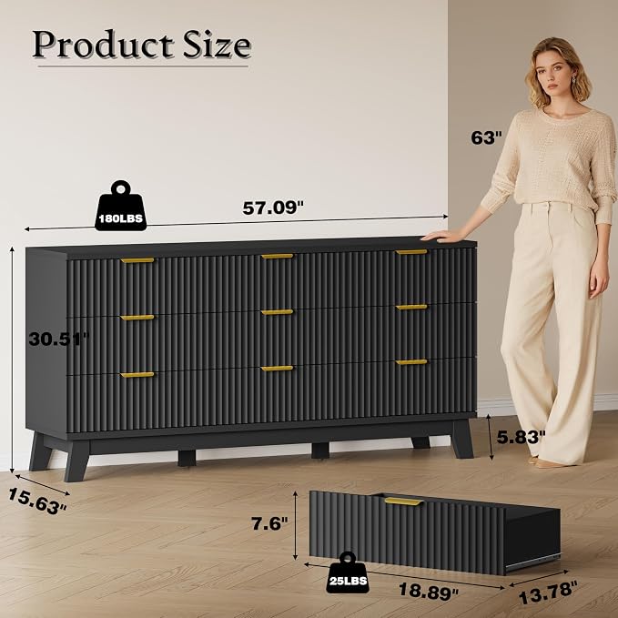 BORNOON Fluted 9 Drawer Dresser, 57.1" Wide Modern Boho Chest of Drawers - Image 2
