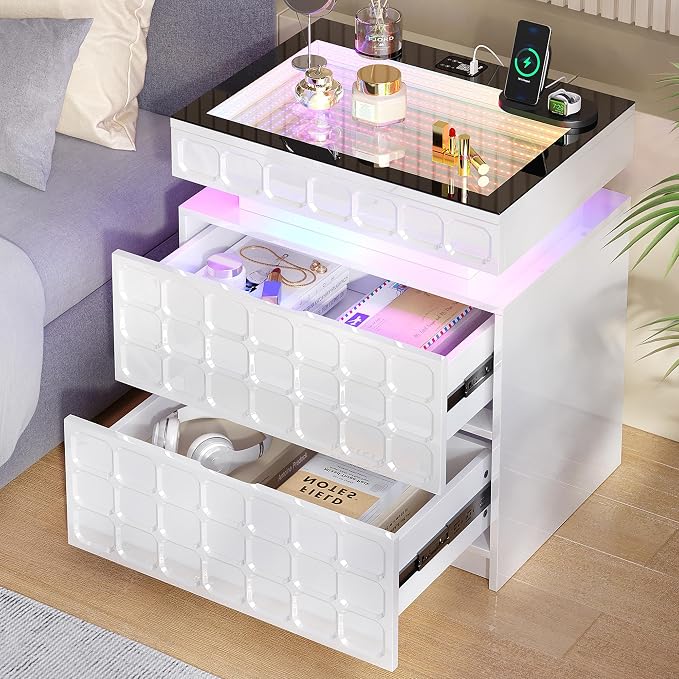 Night Stand with Charging Station and Smart RGB Lights, LED Nightstand with by VlsrkaFurniture