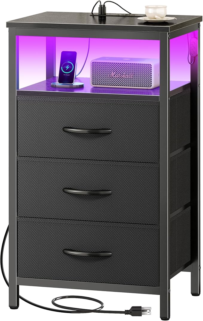 Huuger Night Stand with Charger Station and LED Lights, 3 Drawer Nightstand by Huuger