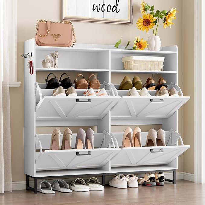 BORNOON Shoe Cabinet with 4 Flip Drawers Narrow Shoe Storage Cabinet Organizer - Image 3
