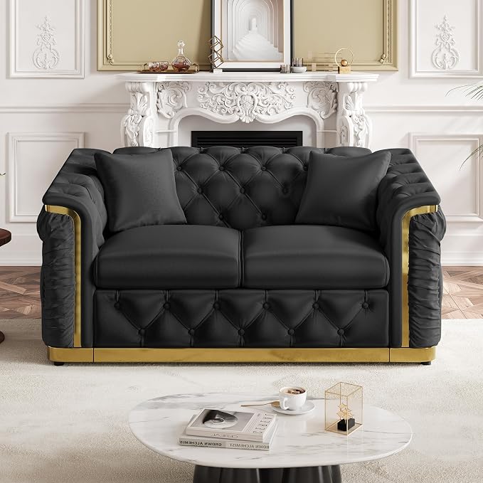 62.2" Luxury Velvet Chesterfield Sofa Tufted Victorian Black and Gold Couch - Image 9