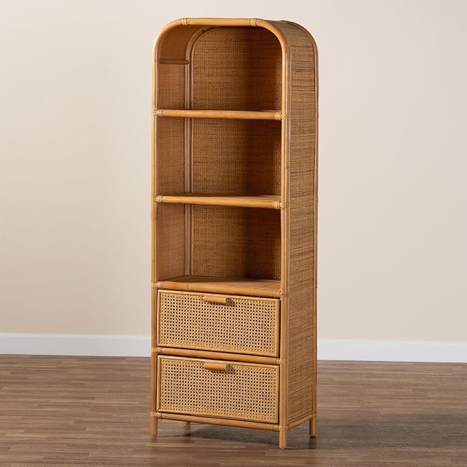 Bali & pari Curacao Modern Bohemian Light Honey Rattan 2-Drawer Bookcase - Image 10