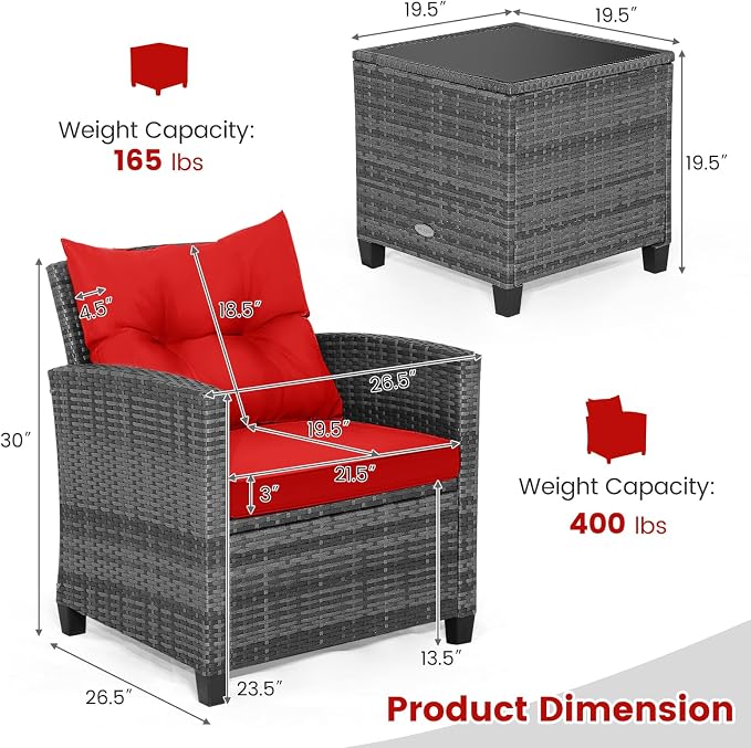 HAPPYGRILL 3 Pieces Patio Conversation Set, Outdoor Furniture Set PE Rattan - Image 7