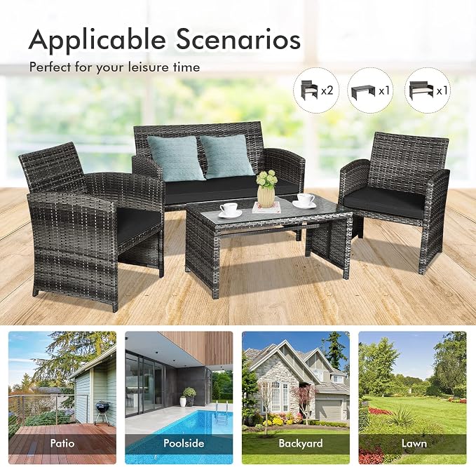 Goplus 4-Piece Rattan Patio Furniture Set, Outdoor Wicker Conversation Sofa - Image 8