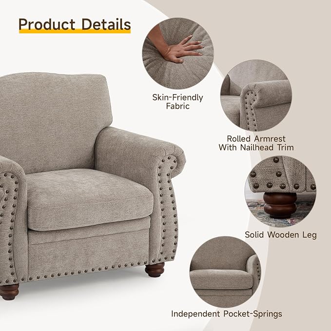 ONBRILL Nailhead Trim Armchair, Rolled Arm Accent Chair - Image 3