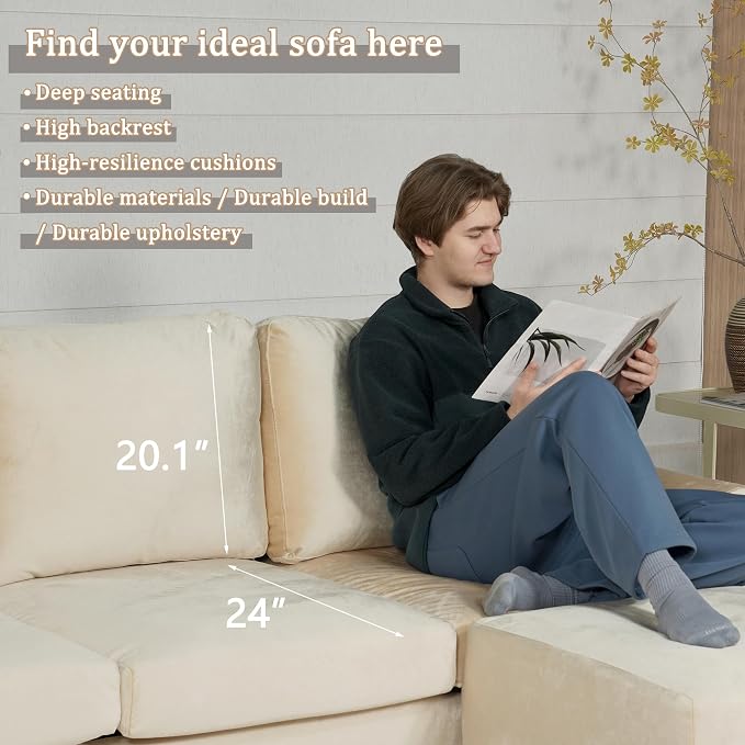 EASE MOOSE Large Seat Velvet L-Shaped Sofa, Soft 4 Seat Couch - Image 5