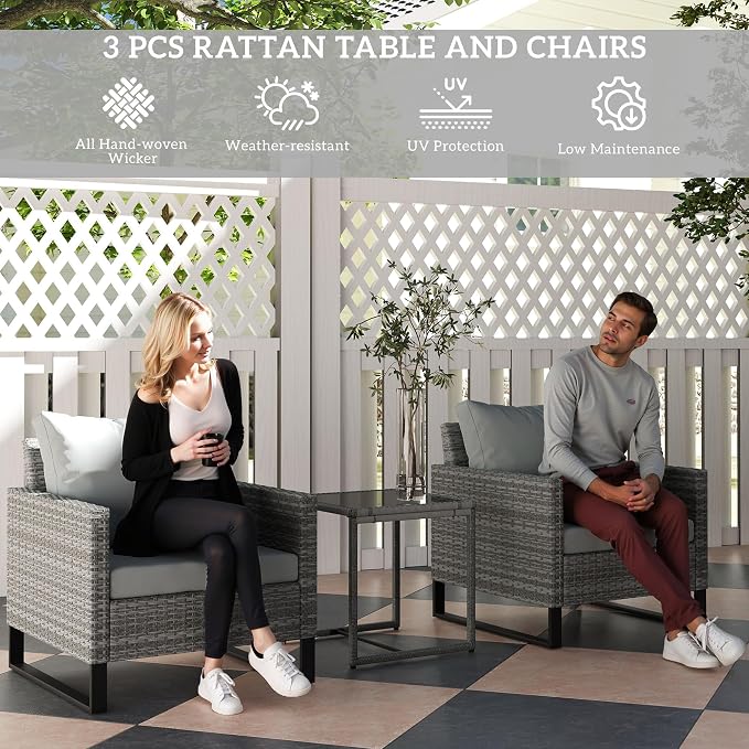 Outsunny 3 Pieces Patio Furniture Set, Wicker Conversation Bistro Set - Image 3
