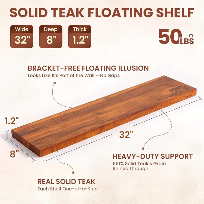 32 Inch Teak Floating Shelves Set of 2 - Image 3