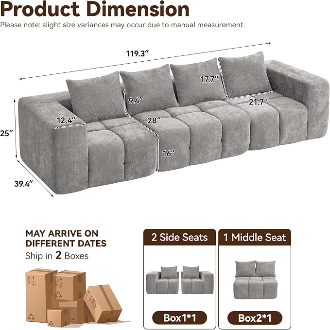 119" Oversized 3 Seater Boneless Couch, Comfy Cloud Modular Sectional Sofa - Image 2