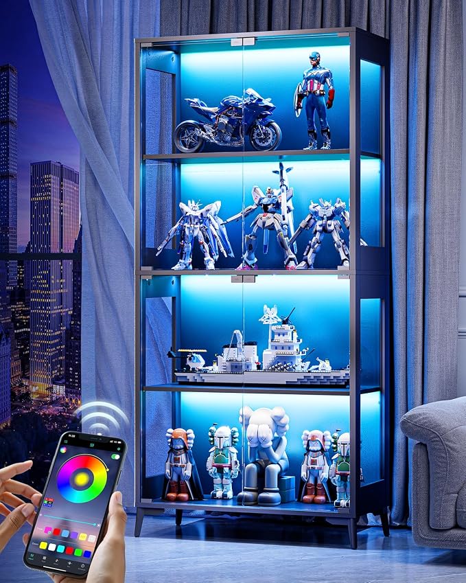 Glass Display Cabinet with Doors, 4-Tier Display Case with Adjustable Shelves by Unknown