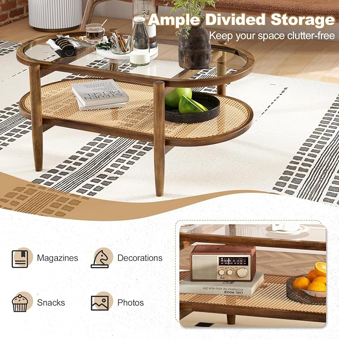Giantex Rattan Coffee Table, 2-Tier Oval Acacia Wood Tea Table w/Tempered Glass - Image 6
