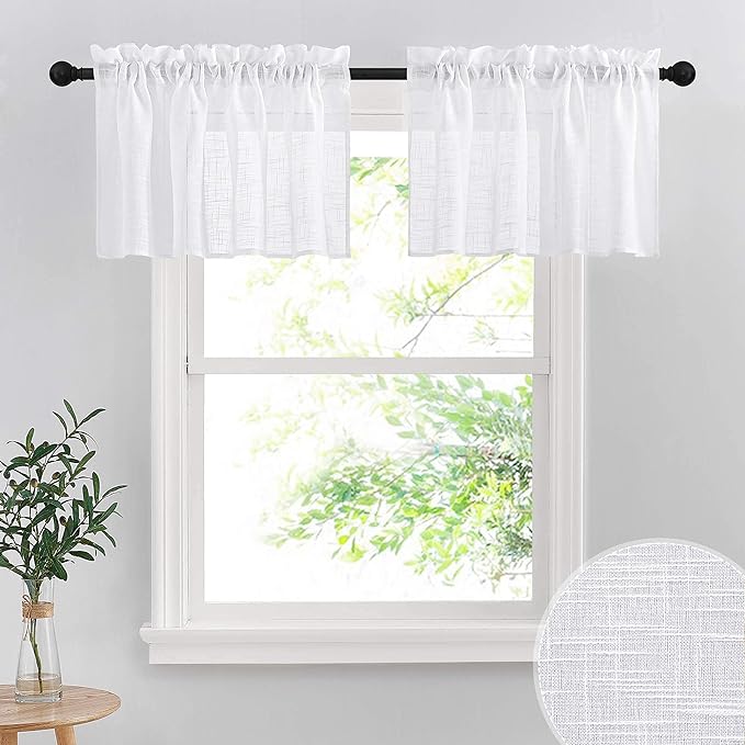 RYB HOME Linen Textured White Curtains Sheer Window Toppers Valances Semi-Sheer by RYBHOME
