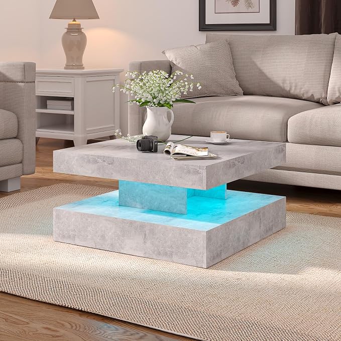 HedoAjim Grey LED Coffee Table for Living Room, Living Room Table 2-Tier Square - Image 5