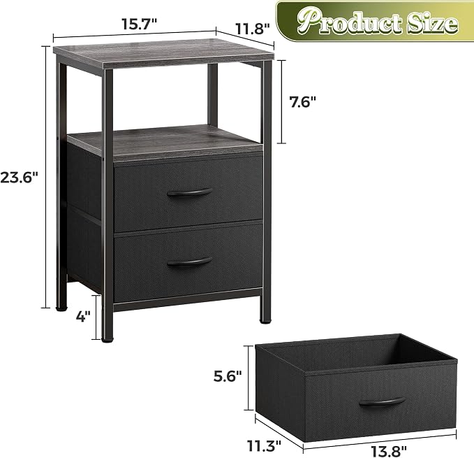 Huuger Night Stand with 2 Drawers, Bed Side Table with Open Shelf, Wooden Top - Image 3