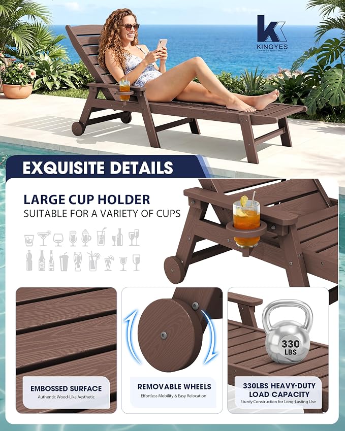 KINGYES HDPE Lounge Chair Outdoor Set of 2, Patio Chaise Lounge Recliner - Image 4