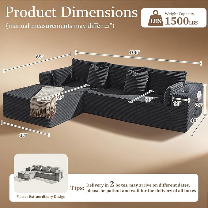 108" Oversized Cloud Sectional Couch, Comfort L Shaped Boneless Couch - Image 2