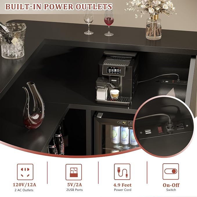 L-Shaped Home Bar Unit with Power Outlet, 4-Tier Corner Liquor Bar Cabinet with - Image 5