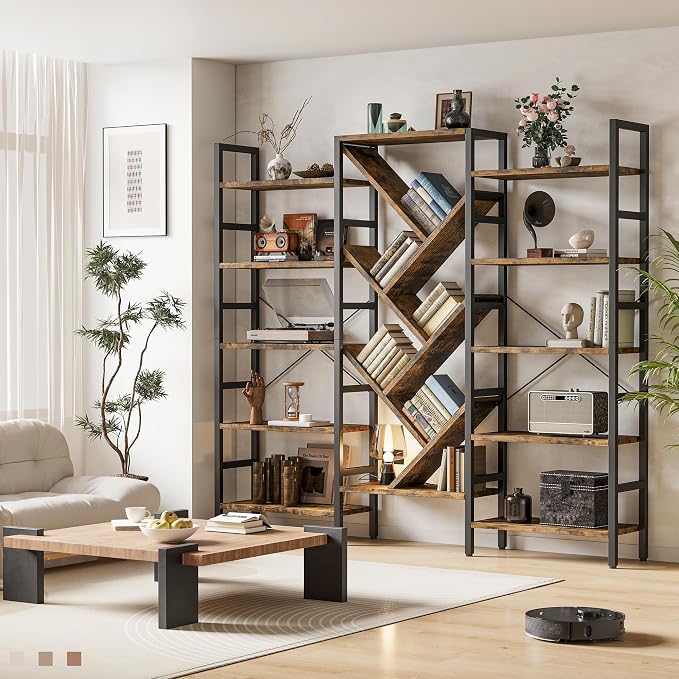 INNOD 70x70 Triple 5 Tier Book Shelf, Large Wooden Bookcase - Image 3