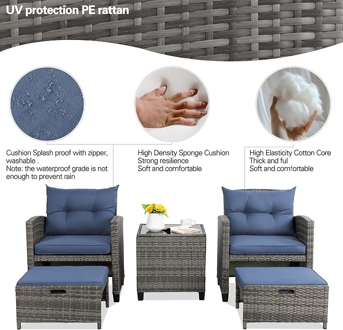 Vongrasig 5 Piece Patio Furniture Set, Small Balcony Furniture, PE Wicker - Image 5