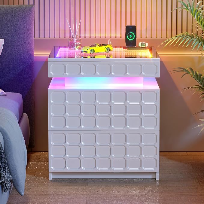Night Stand with Charging Station and Smart RGB Lights, LED Nightstand with - Image 9
