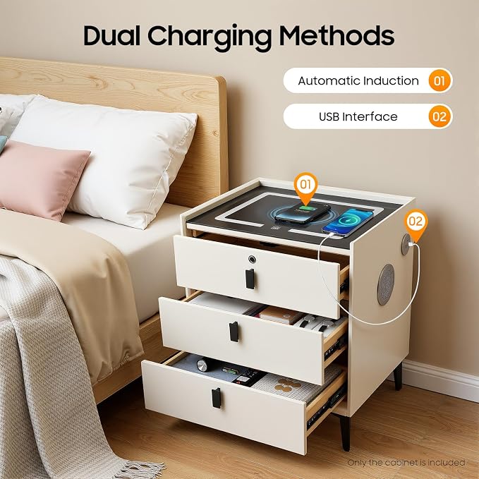 Smart Nightstand with Charging Station, Adjustable LED, USB Ports, Fingerprint - Image 3