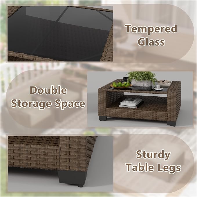 LOUVIXA 7 Piece Outdoor Patio Furniture Set, Rattan Chairs Glass Table Wicker - Image 6