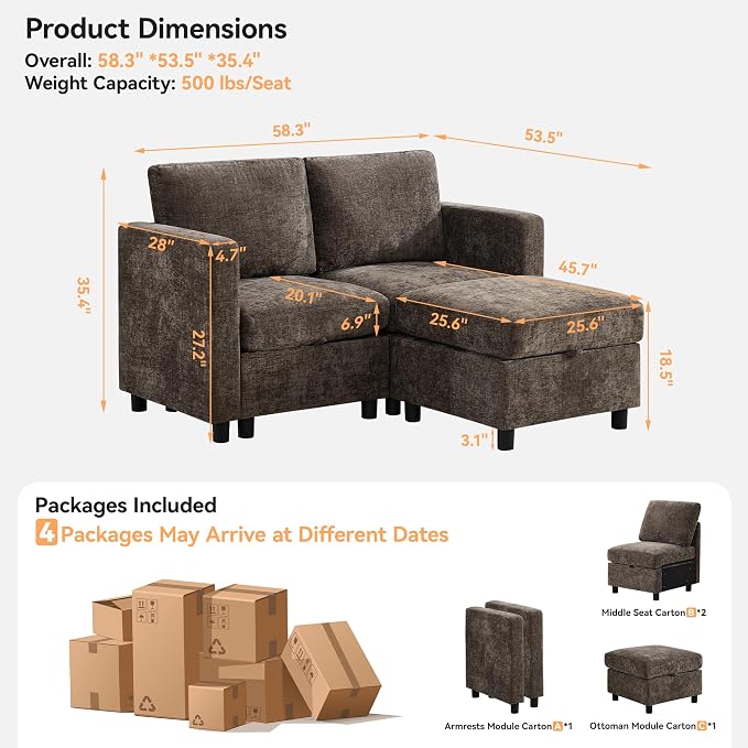 WUTUTUEE 58'' Modular Sectional Loveseat Sofa - Image 2
