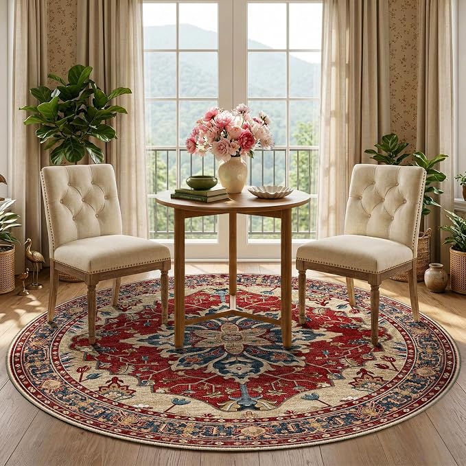 RELEANY Area Rugs Round 5ft Washable Non-Slip, Floral Vintage Distress Print - Image 2