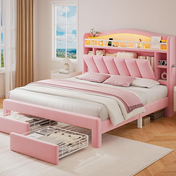 Full LED Bed Frame with Storage Headboard & 2 Storage Drawers, Princess Velvet by JOCOEVOL