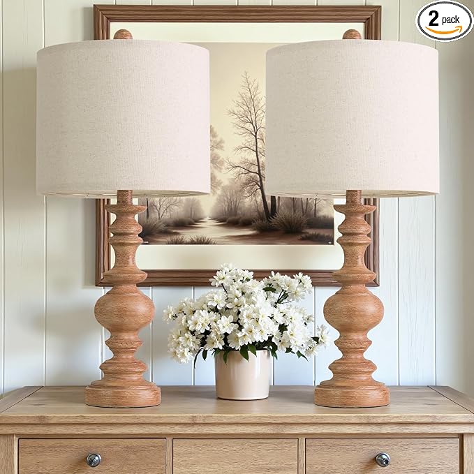 BOBOMOMO 24" Farmhouse Table Lamps Set of 2 – Rustic Light Brown Resin Bedside by BOBOMOMO