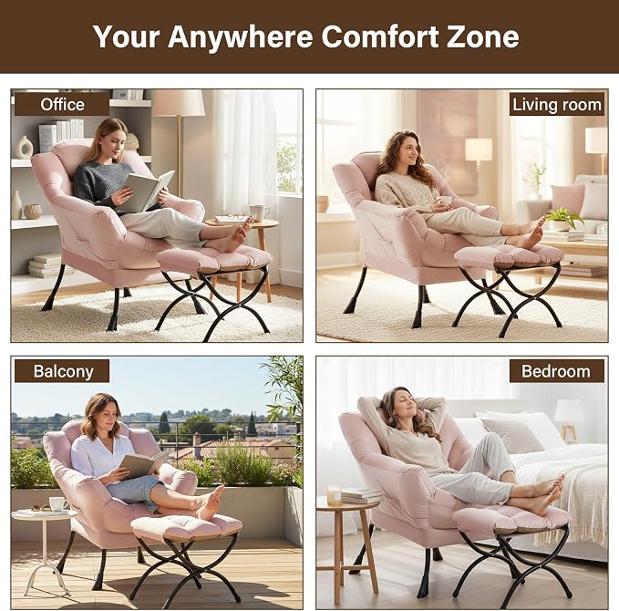 Welnow Lazy Chair with Ottoman, Modern Accent Chair with Armrests and a Side - Image 6