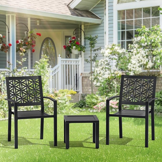 VINGLI 3-Piece Outdoor Bistro Set, Stackable Modern Metal Steel Table and Chairs - Image 4