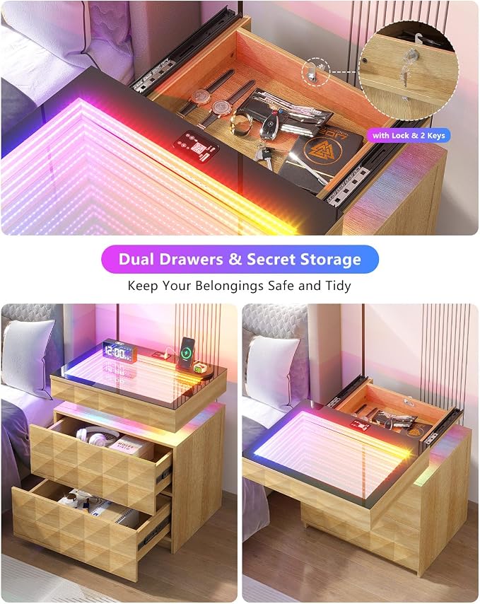 HWB Nightstand with RGB Lights, 3 Drawers Night Stand with Hidden Storage - Image 6