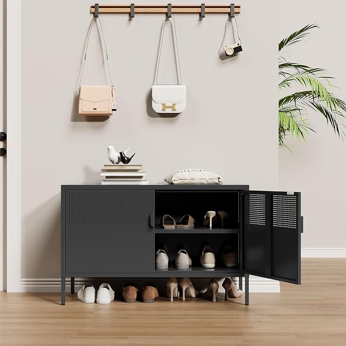 Metal Storage Cabinet, 2 Door TV Stand, Metal Mesh Accent Cabinet, Magnetic - Image 5