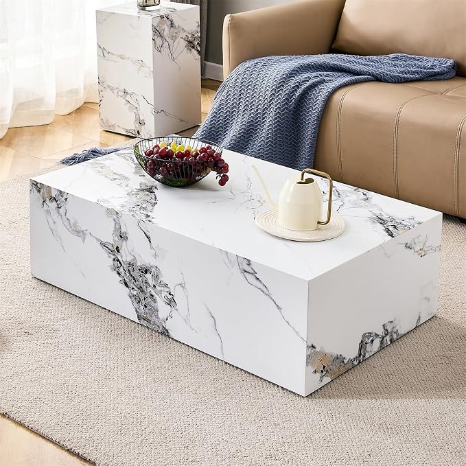 Faux Marble Coffee Table, Rectangle MDF Coffee Tables by BAOPIN