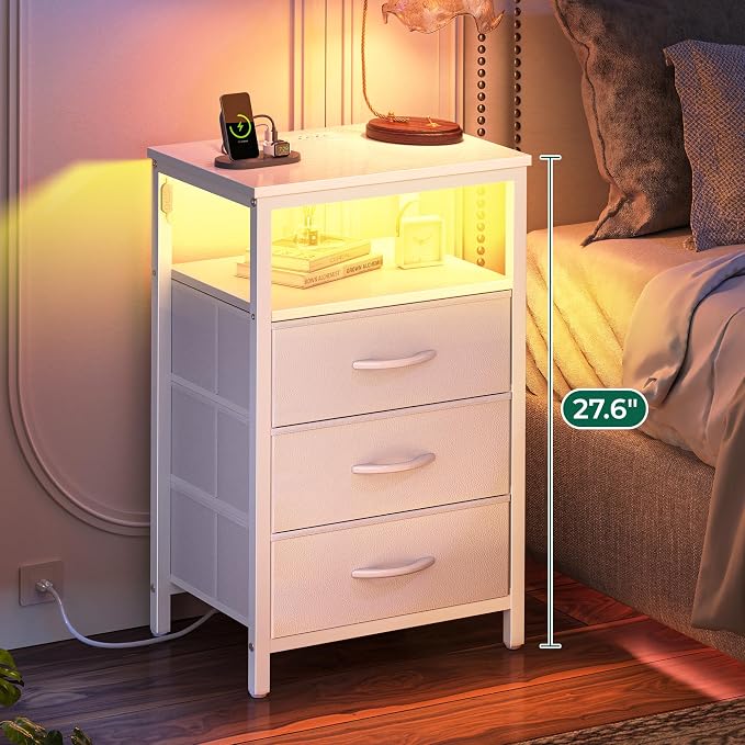 Huuger Night Stand with Charger Station and LED Lights, 3 Drawer Nightstand - Image 4