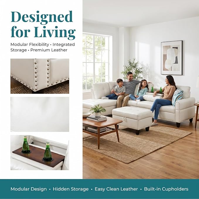 97.5" White L Shaped Couch Set Leather, Modular Sectional Couches - Image 4
