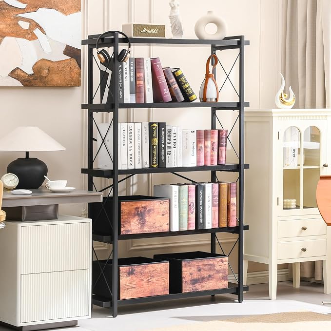 HCHQHS Bookshelf, 5-Tier Industrial Bookcase, Freestanding Tall Bookshelves - Image 4