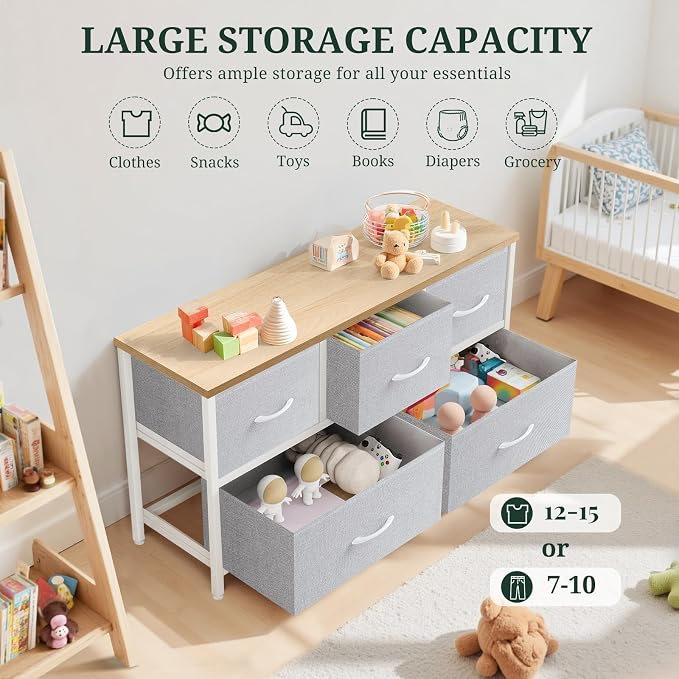 5-Drawer Dresser for Bedroom, Anti-Tip Wide Storage Organizer Fabric Chest of - Image 5