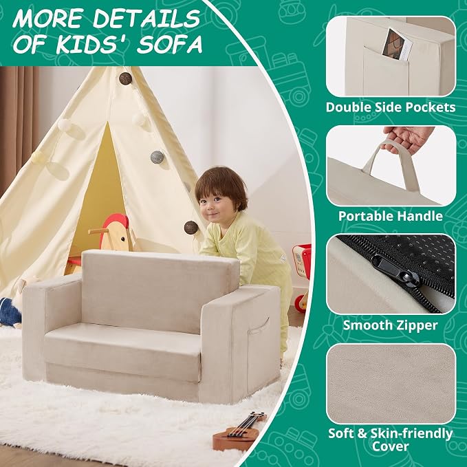Kids Couch, 2-in-1 Toddler Chair Comfy 1-3 Years, Convertible Kids Chair - Image 4