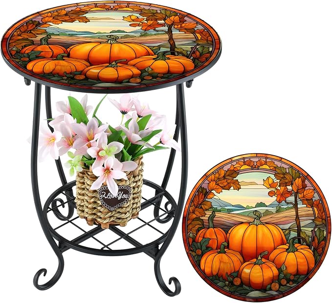 Cinnvoice Outdoor Side Table Round Small Mosaic Patio Accent Indoor End Plant - Image 7