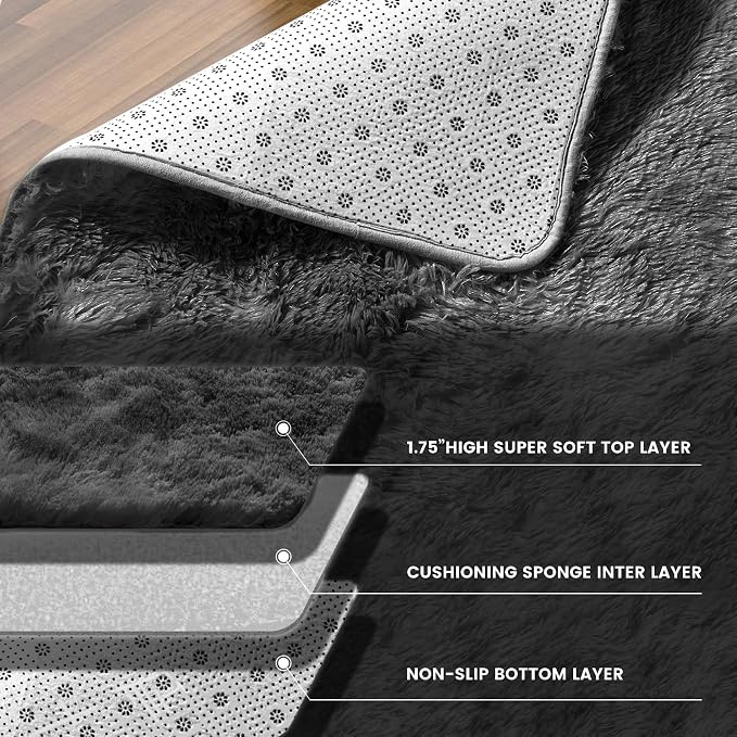 Soft Shag Area Rug for Living Room and Bedroom Decor, 5x7 Feet Solid Gray - Image 3