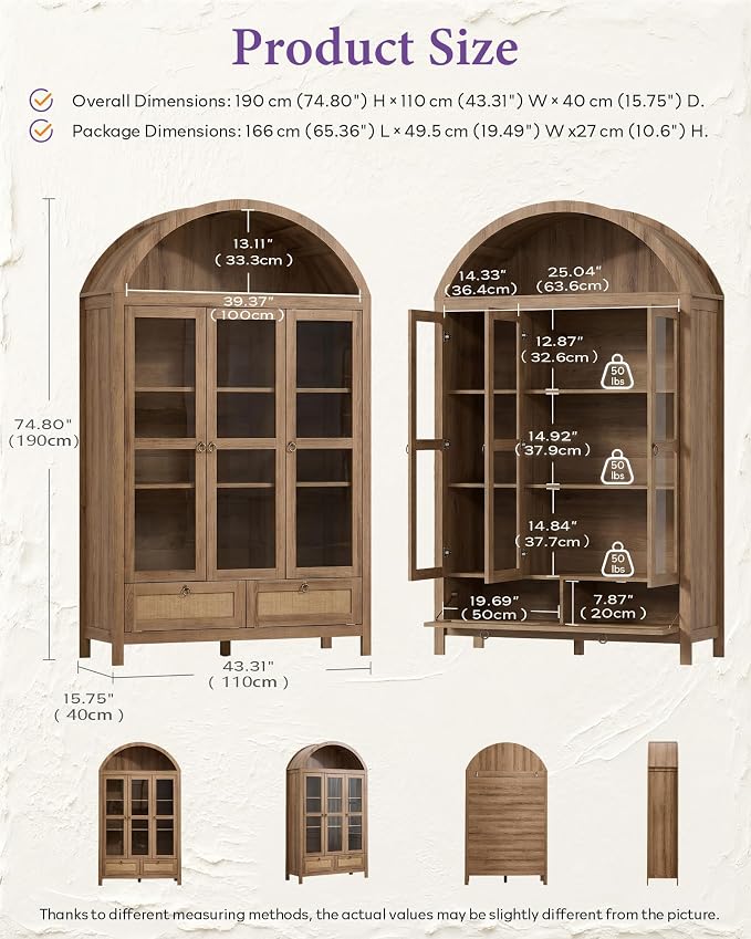 TYBOATLE 75'' Arched Cabinet Classic Farmhouse Design w/Three Glass Doors - Image 2