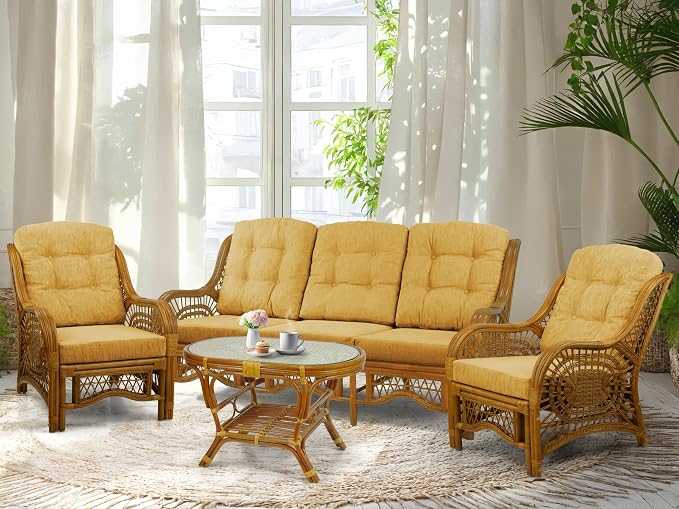 Malibu Lounge Set of 4: 2 Natural Rattan Wicker Chairs, Three-Seater Sofa by Wickerix