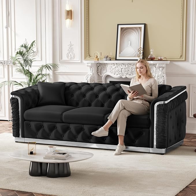 84.6" Luxury Chesterfield Sofa Velvet Tufted Sofa Black and Silver Couch - Image 3